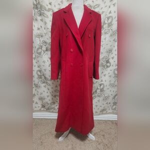 Vintage 90s Red Double-Breasted Harve Benard Red Holiday Wool Long Trench Coat